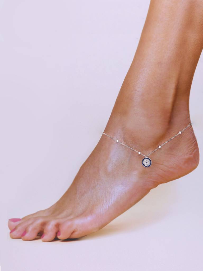 Sterling Silver Trendy Evil Eye & Beads Chain Anklet : AKCH29-S-NA