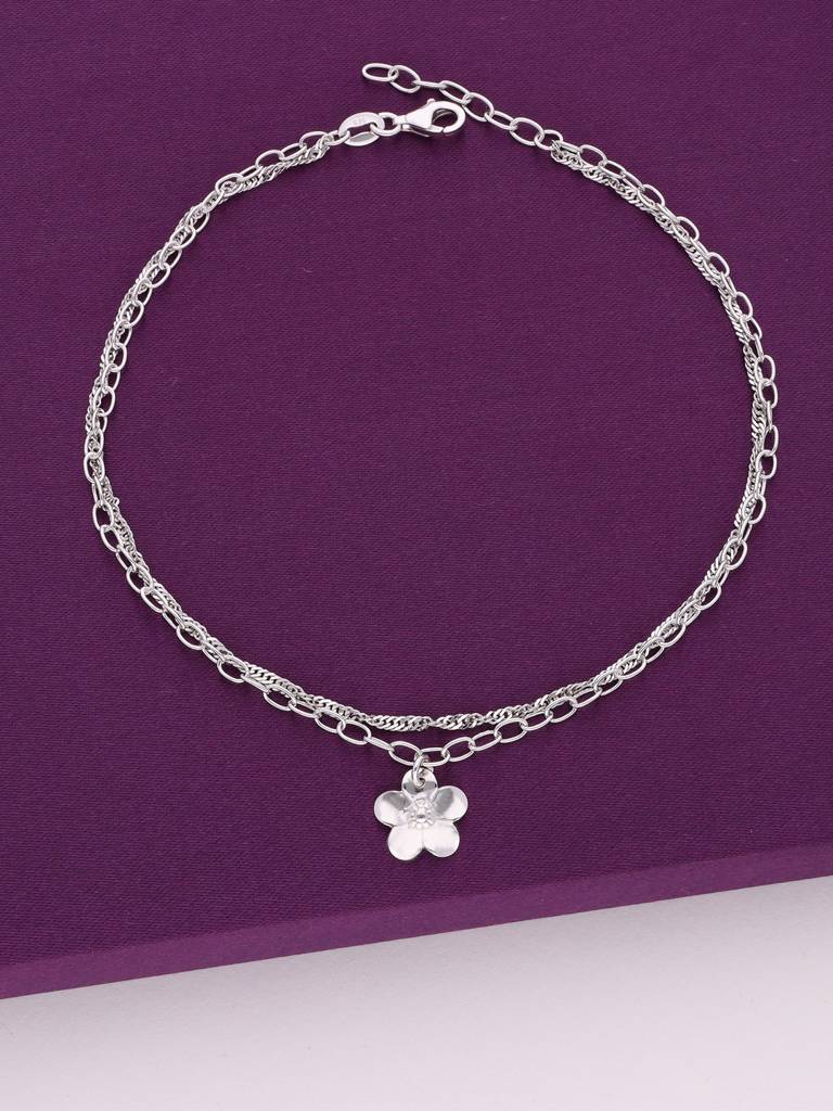 Sterling Silver Link Chain Floral Charm Anklet : AKCH37-S-NA