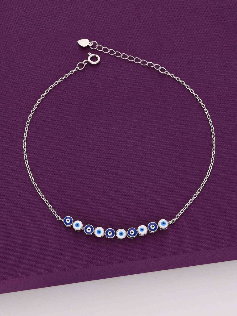 Sterling Silver Ultra(White & Marine) Evil Eye Anklet : AKTH20-S-NA