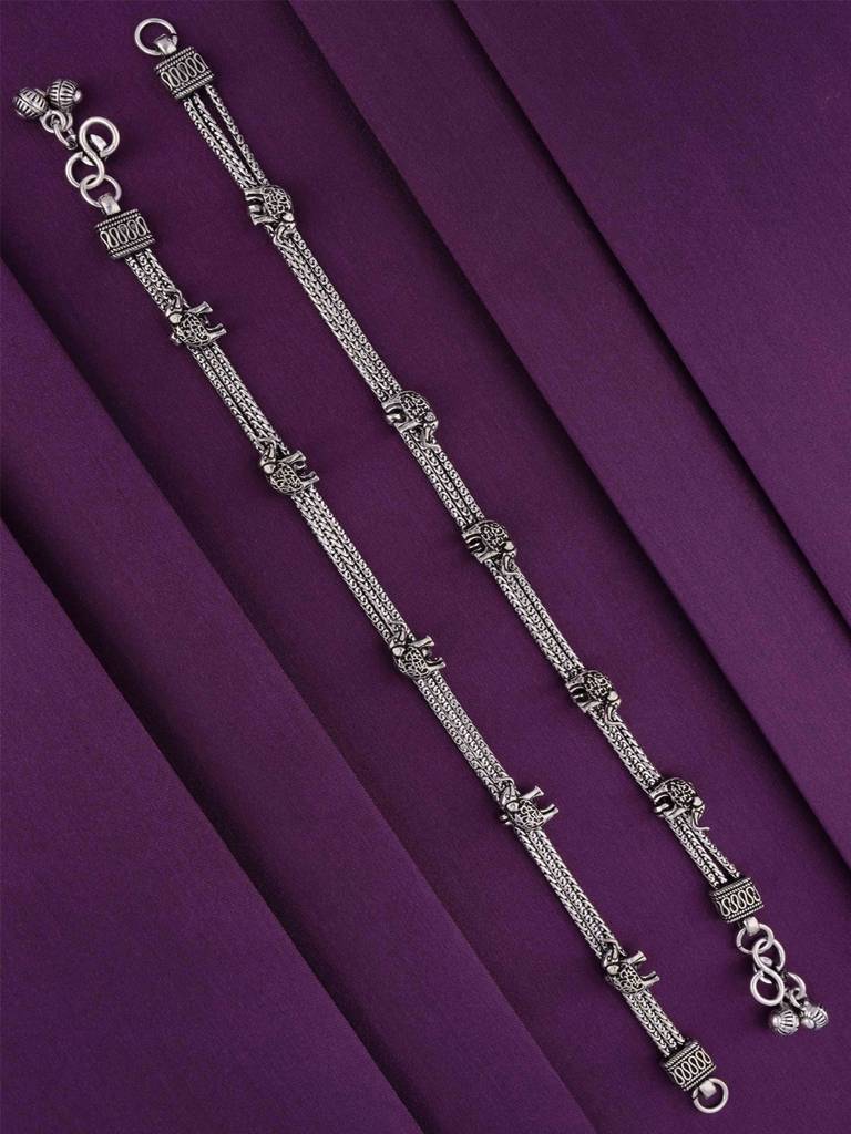 Sterling Silver Ethnic Elephants Oxidised Anklet : AKTH40-S-NA