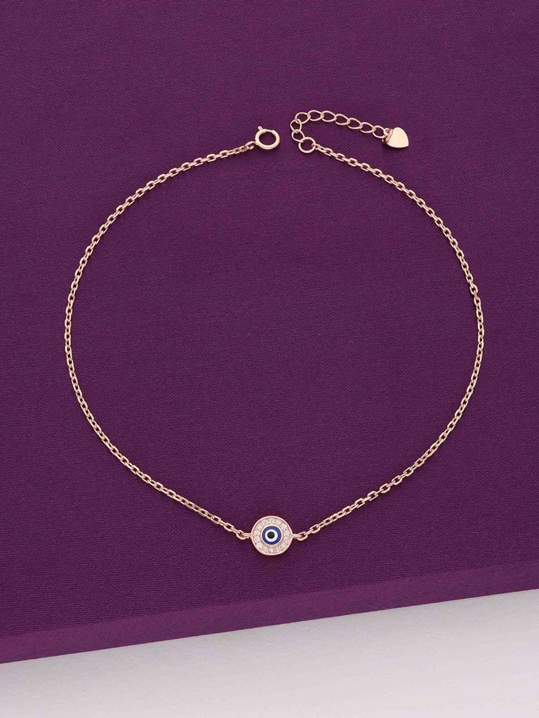 Sterling Silver Rose Gold Minimalistic Zircon Diamonds Single Evil Eye Anklet : AKTH45-RG-NA