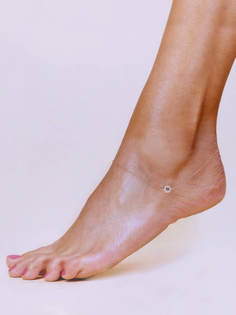 Sterling Silver Rose Gold Minimalistic Zircon Diamonds Single Evil Eye Anklet : AKTH45-RG-NA