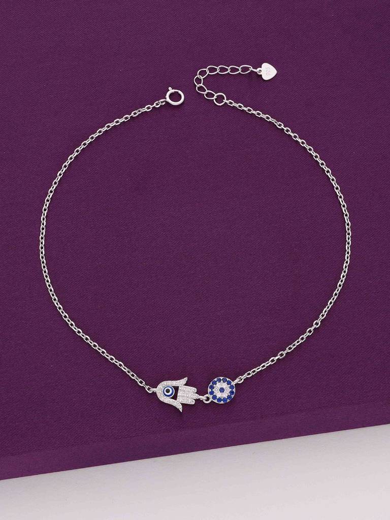 Sterling Silver Minimalist Evil Eye & Hamsa Anklet : AKTH46-S-NA