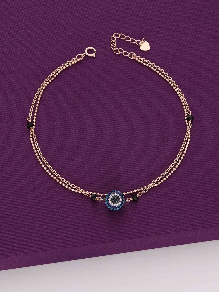 Sterling Silver Rose Gold Trendy Evil Eye Anklet : AKTH47-RG-NA