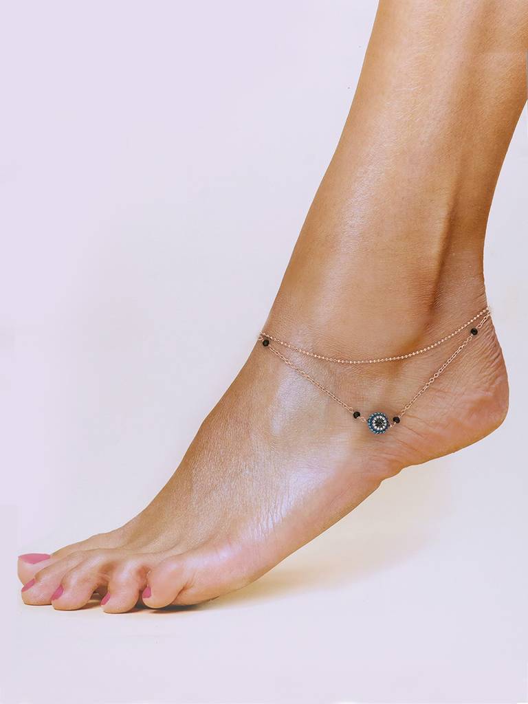 Sterling Silver Rose Gold Trendy Evil Eye Anklet : AKTH47-RG-NA