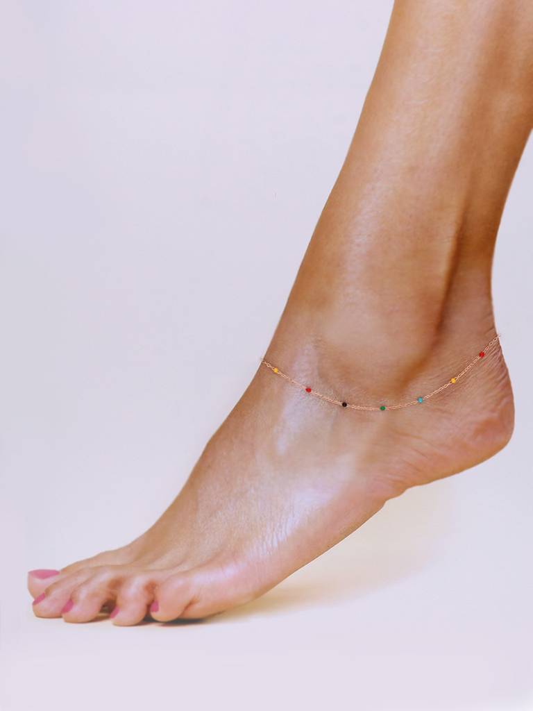 Sterling Silver Rose Gold Trendy Multi Colour Beads Chain Anklet : AKTH48-RG-NA