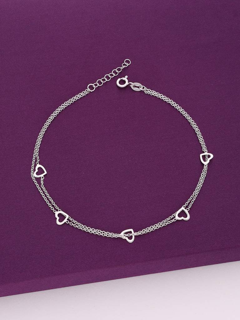 92.5 Silver Double Layered Heart Anklet : AKTH54-S-NA
