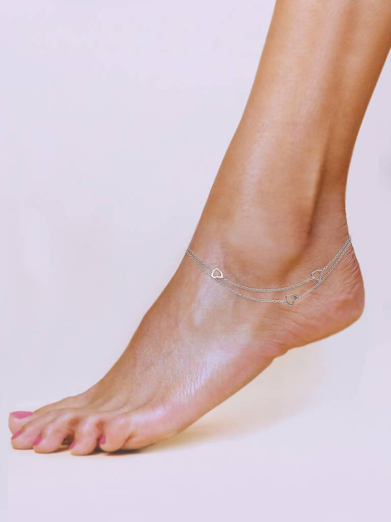 92.5 Silver Double Layered Heart Anklet : AKTH54-S-NA