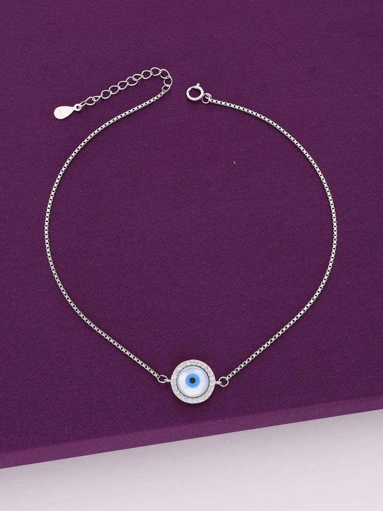 Sterling Silver Zircon Studded Evil Eye Anklet : AKTH62-S-NA