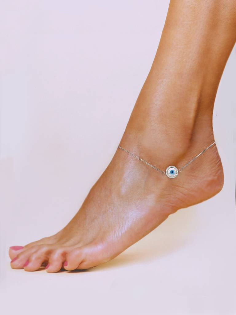 Sterling Silver Zircon Studded Evil Eye Anklet : AKTH62-S-NA