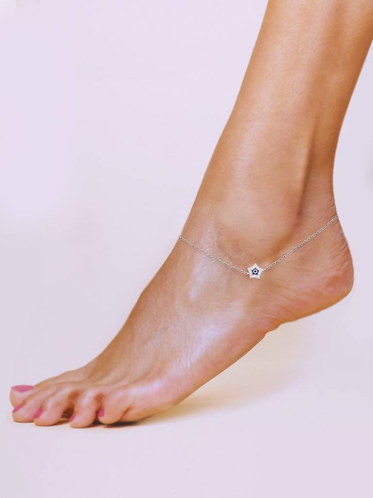 Sterling Silver Star Evil Eye Anklet : AKTH64-S-NA