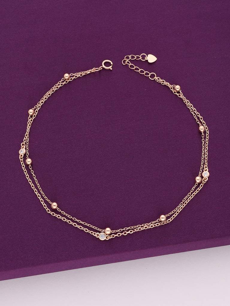 Sterling Silver Rose Gold Layered Bead & Zircon Anklet : AKTH65-RG-NA