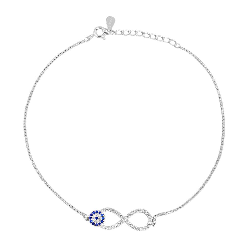 925 Pure Silver Rhodium Plated Cz Evil Eye Chain Anklet : ANK-60015-ONE