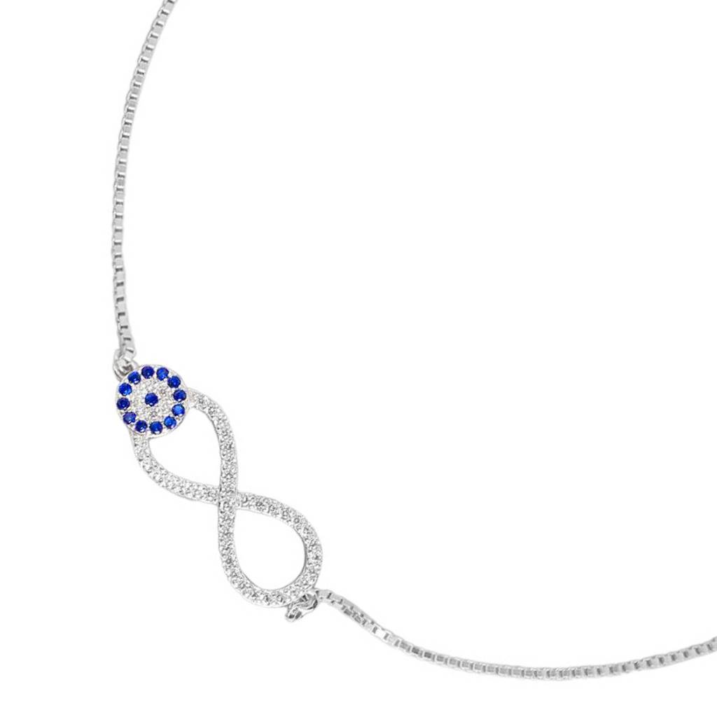 925 Pure Silver Rhodium Plated Cz Evil Eye Chain Anklet : ANK-60015-ONE
