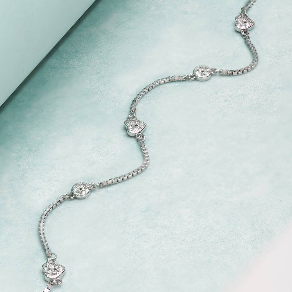 925 Pure Silver Rhodium Plated Cz Heart Chain Anklet : ANK-60030-ONE