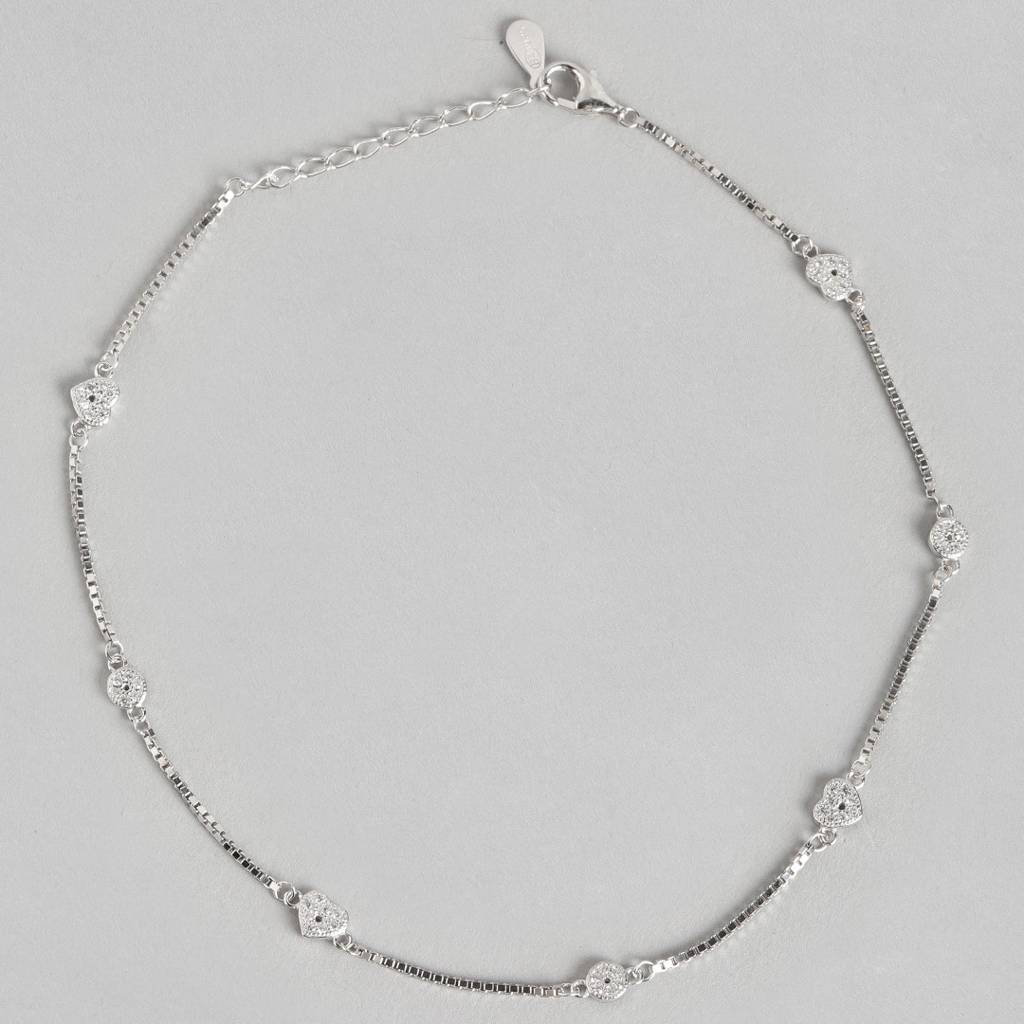 925 Pure Silver Rhodium Plated Cz Heart Chain Anklet : ANK-60030-ONE