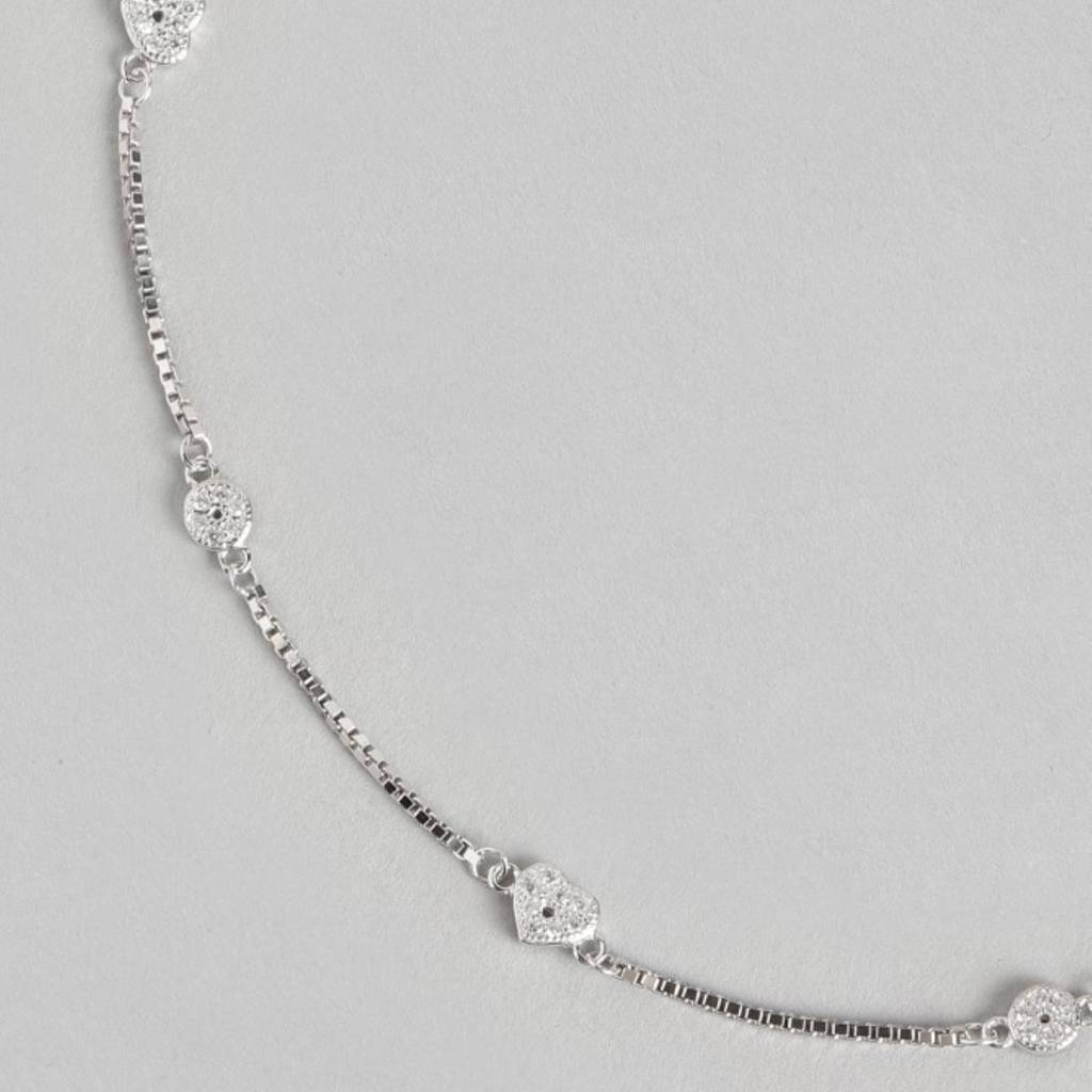 925 Pure Silver Rhodium Plated Cz Heart Chain Anklet : ANK-60030-ONE