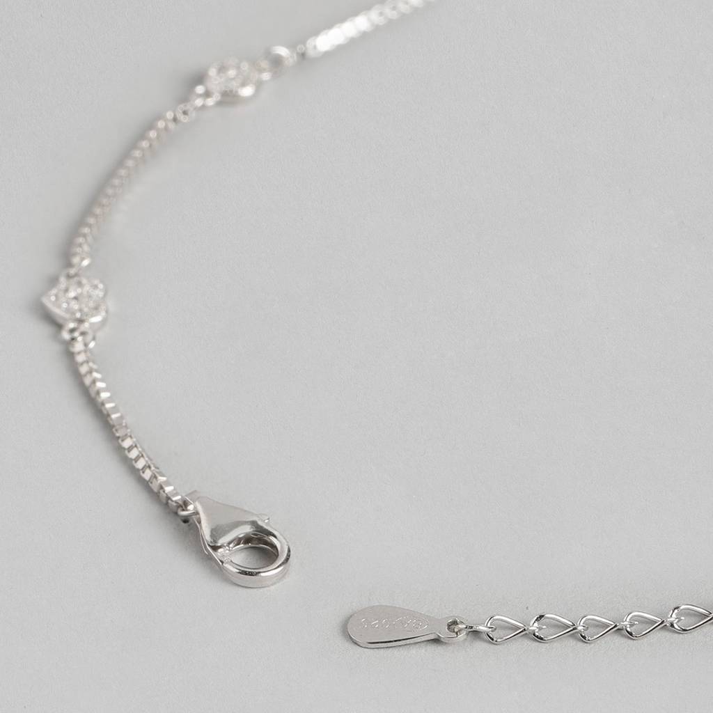 925 Pure Silver Rhodium Plated Cz Heart Chain Anklet : ANK-60030-ONE