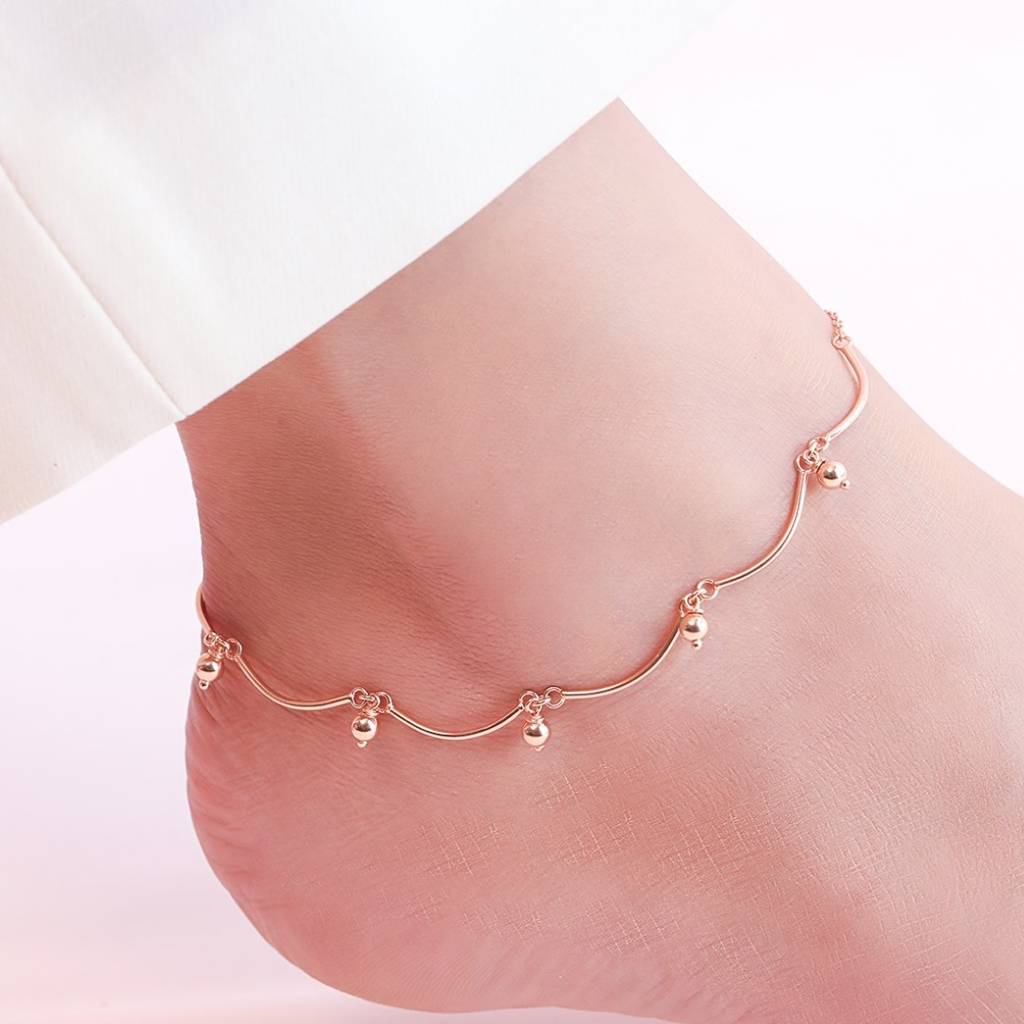 925 Pure Silver Rose Gold Plated Beaded Drop Hanging Charm Anklet