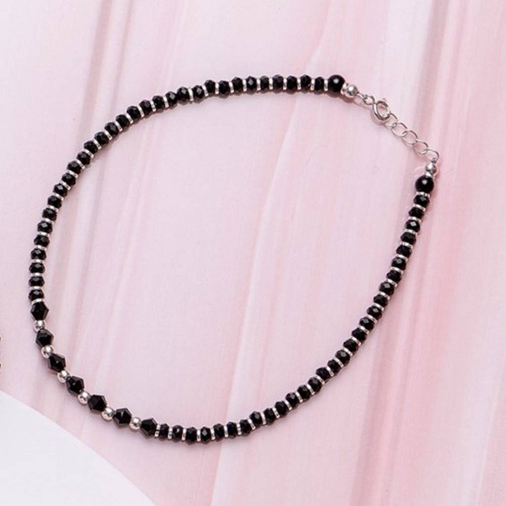 925 Pure Silver Rhodium Plated Beaded Abstract Traditional Anklet : ANK-60085-ONE