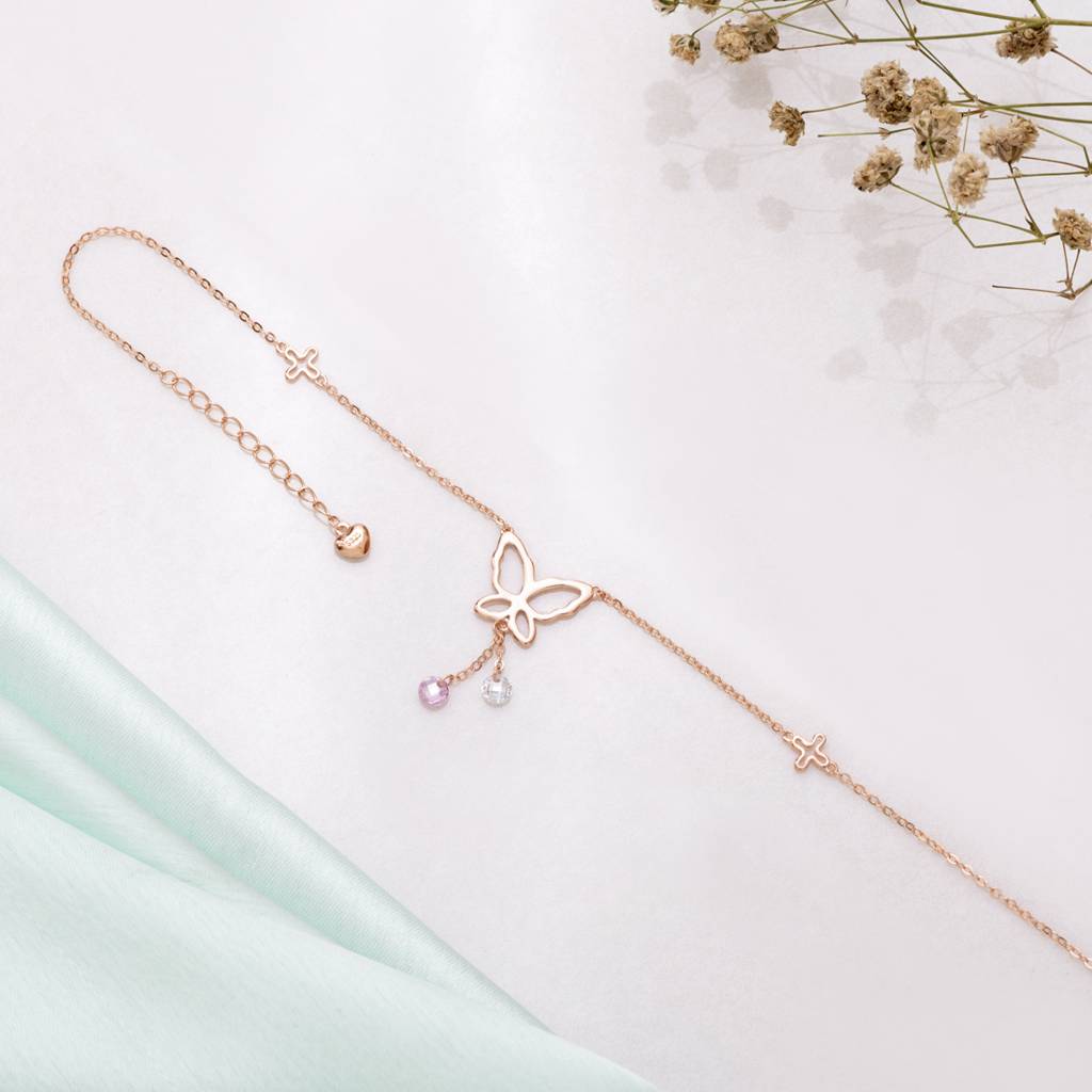 925 Pure Silver Rose Gold Plated Coloured Stone Butterfly Chain Anklet : ANK-60093-ONE