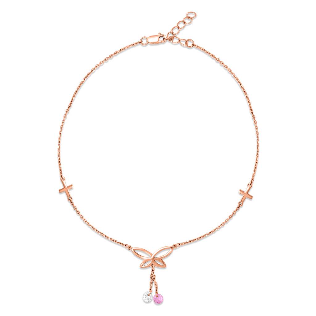 925 Pure Silver Rose Gold Plated Coloured Stone Butterfly Chain Anklet : ANK-60093-ONE