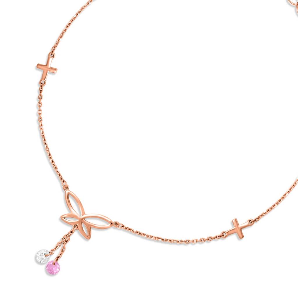 925 Pure Silver Rose Gold Plated Coloured Stone Butterfly Chain Anklet : ANK-60093-ONE