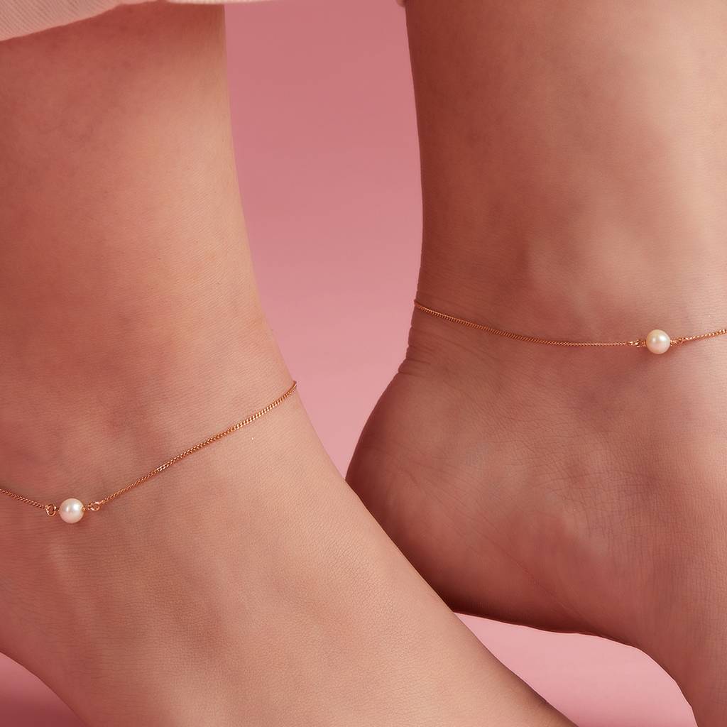 Solid Pearl Rose Gold Plated 925 Sterling Silver Chain Anklet : ANK-60132-PAIR