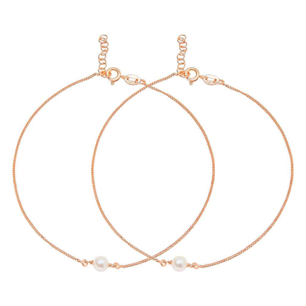 Solid Pearl Rose Gold Plated 925 Sterling Silver Chain Anklet : ANK-60132-PAIR