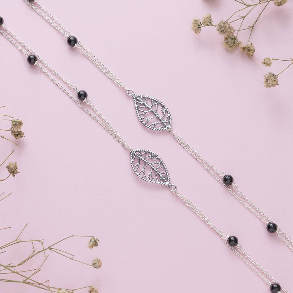 Leaf Rhodium Plated 925 Sterling Silver Chain Anklet : ANK-60136-PAIR