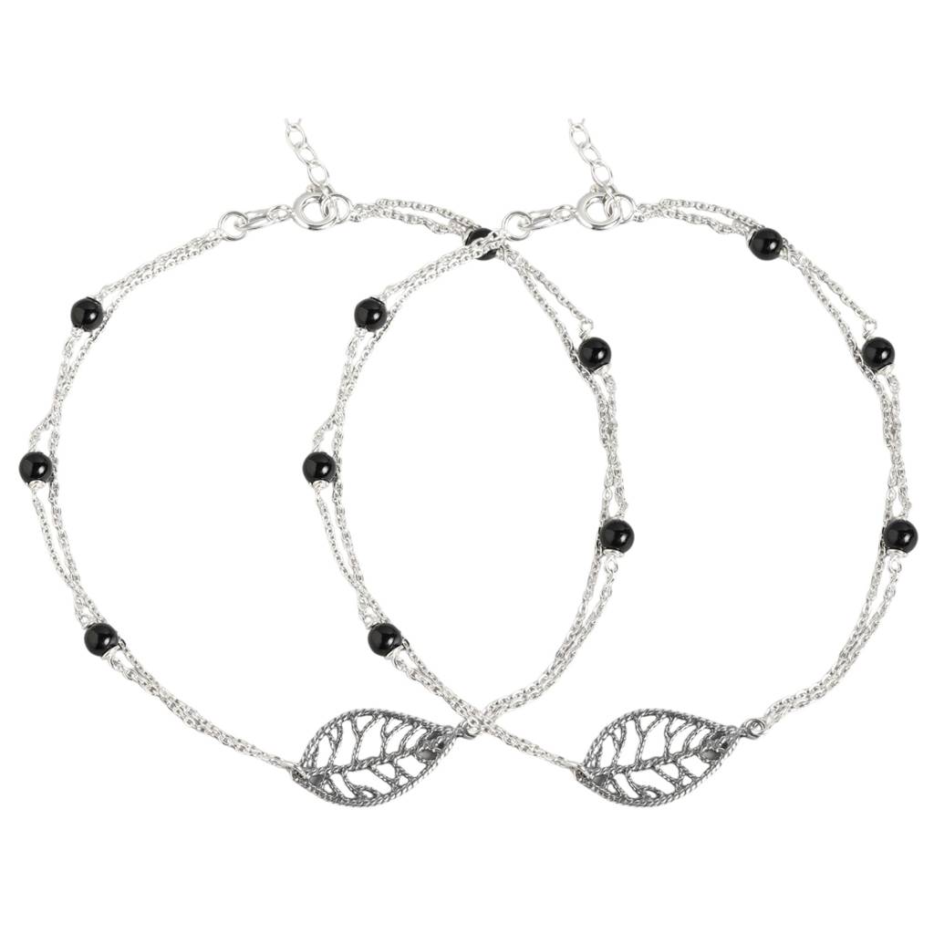 Leaf Rhodium Plated 925 Sterling Silver Chain Anklet : ANK-60136-PAIR
