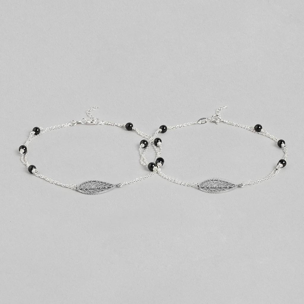 Leaf Rhodium Plated 925 Sterling Silver Chain Anklet : ANK-60136-PAIR