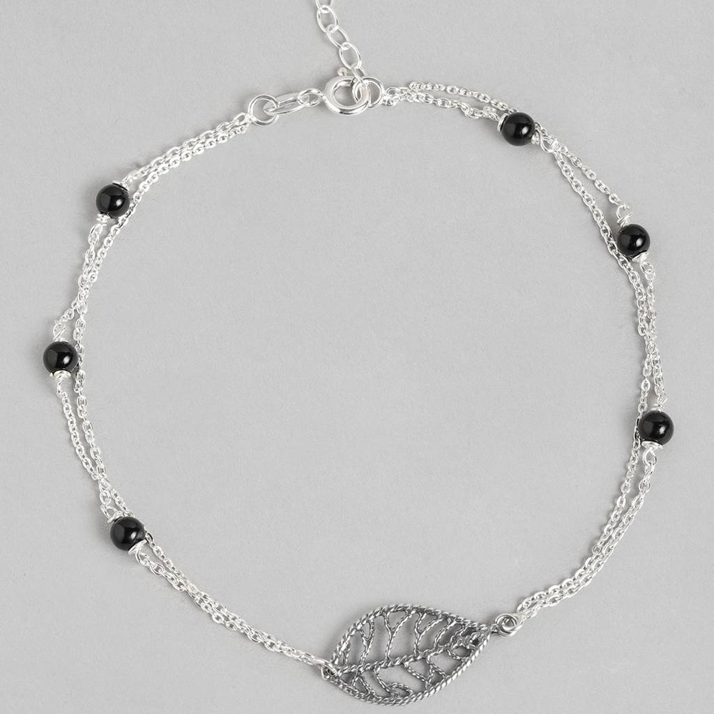 Leaf Rhodium Plated 925 Sterling Silver Chain Anklet : ANK-60136-PAIR
