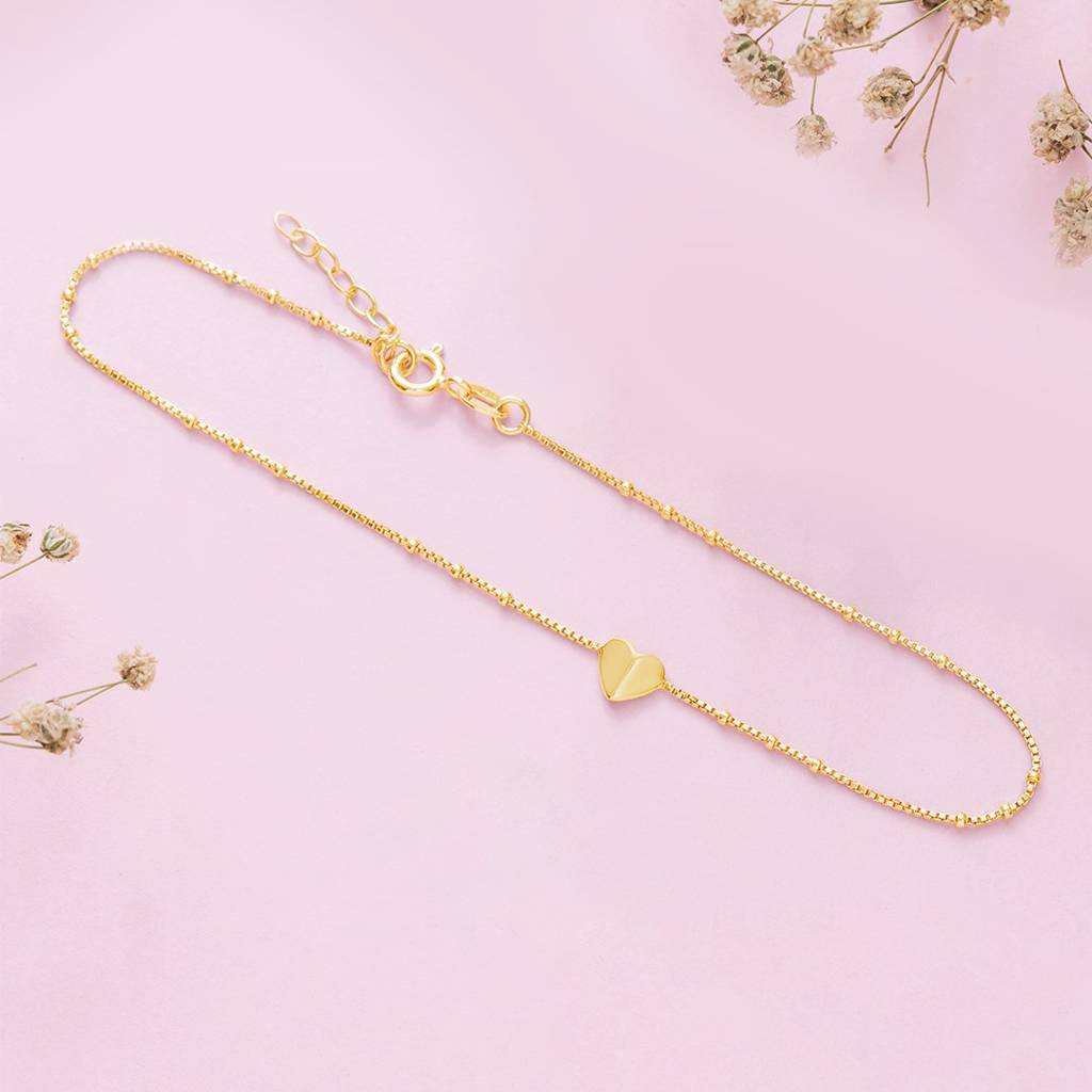 925 Pure Silver Gold Plated  Heart Chain Anklet : ANK-60137-ONE-G