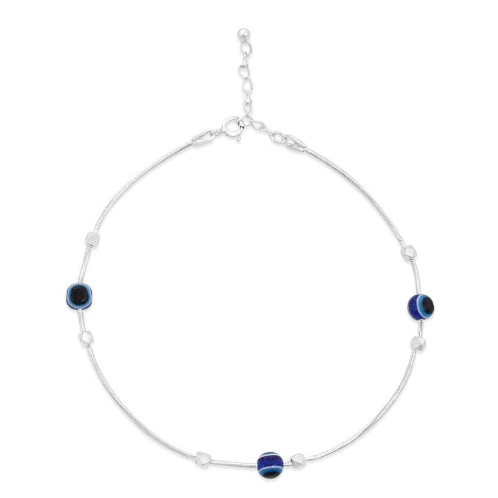 925 Pure Silver Rhodium Plated Beaded Evil Eye Chain Anklet : ANK-60194-ONE