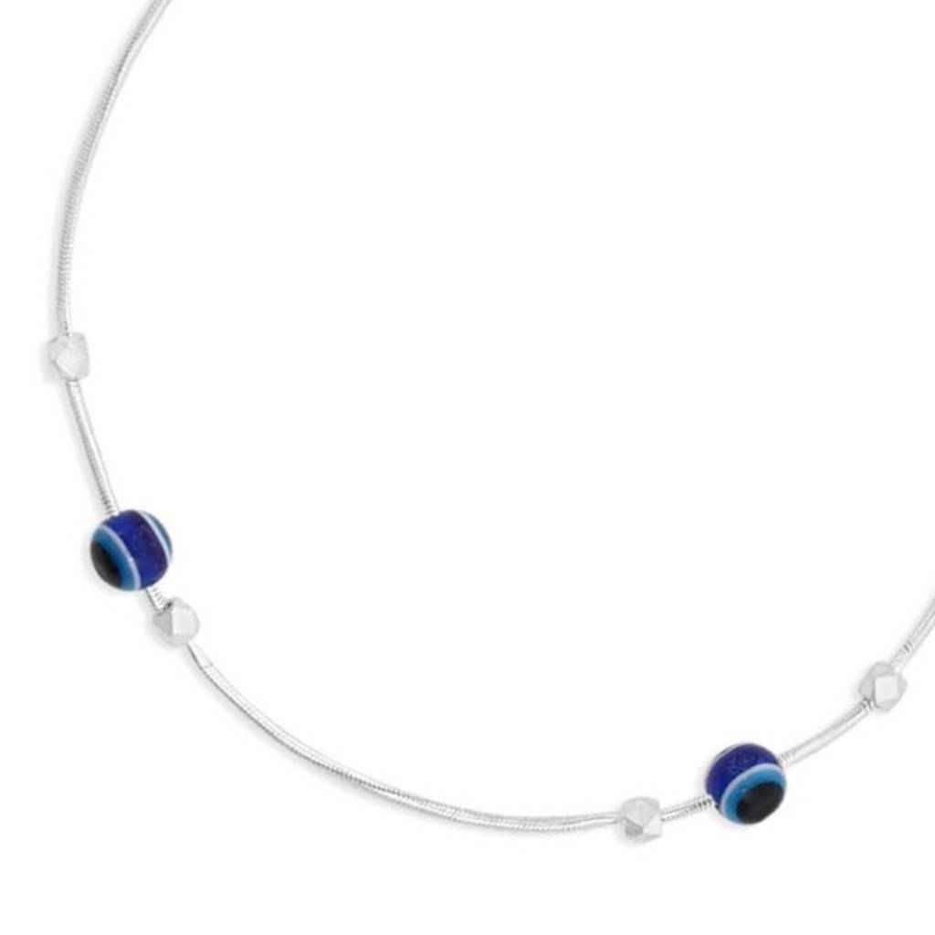 925 Pure Silver Rhodium Plated Beaded Evil Eye Chain Anklet : ANK-60194-ONE