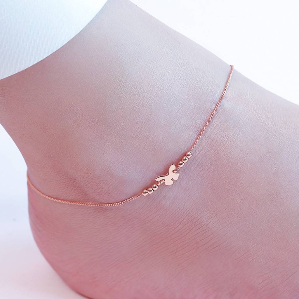 925 Pure Silver Rose Gold Plated Beaded Butterfly Chain Anklet : ANK-60261-ONE