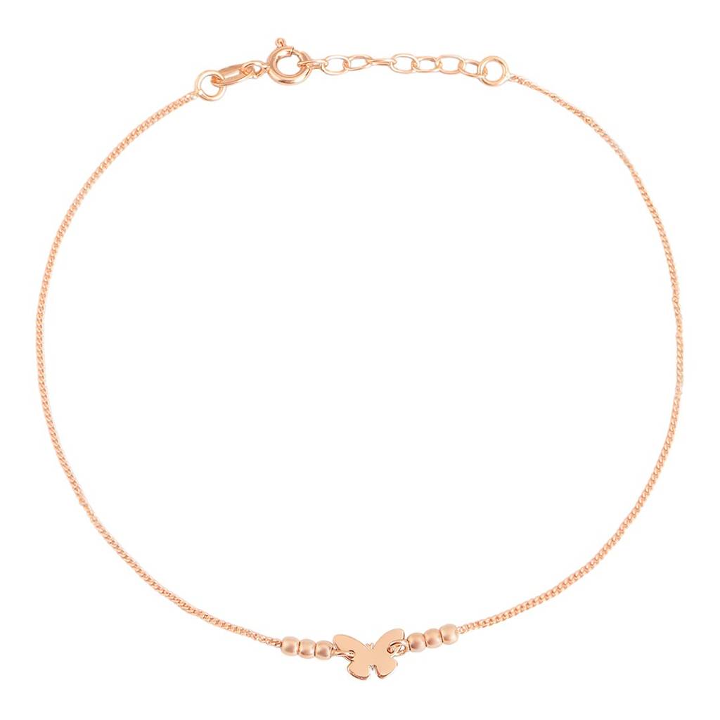 925 Pure Silver Rose Gold Plated Beaded Butterfly Chain Anklet : ANK-60261-ONE