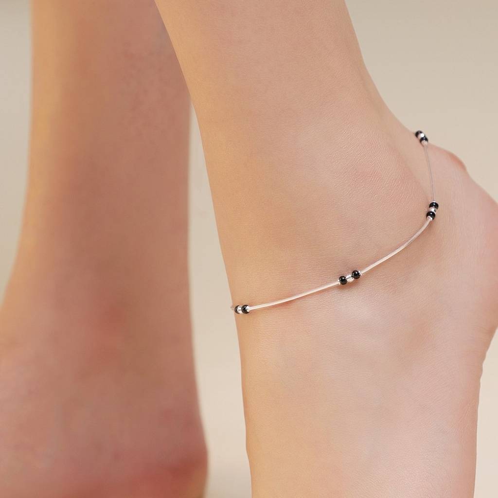 925 Pure Silver Rhodium-Plated Beaded Abstract Chain Anklet : ANK-60269-ONE