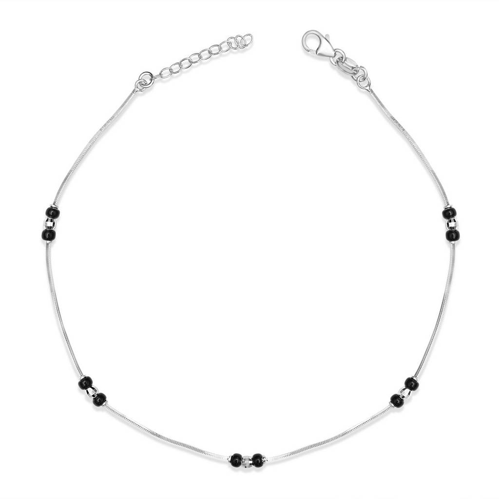 925 Pure Silver Rhodium-Plated Beaded Abstract Chain Anklet : ANK-60269-ONE
