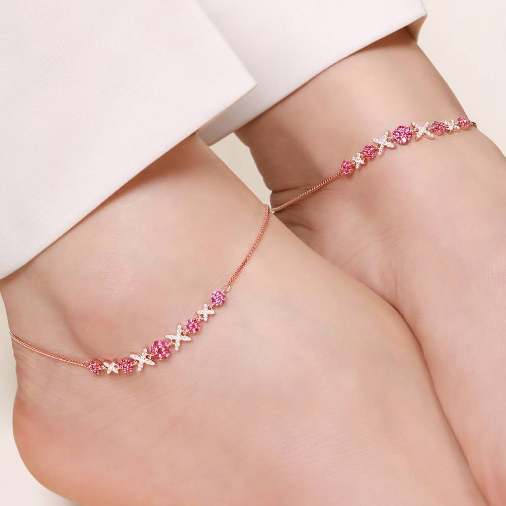 Cz Rose Gold Plated 925 Sterling Silver Chain Anklet Pair : ANK-60314-PAIR-RG