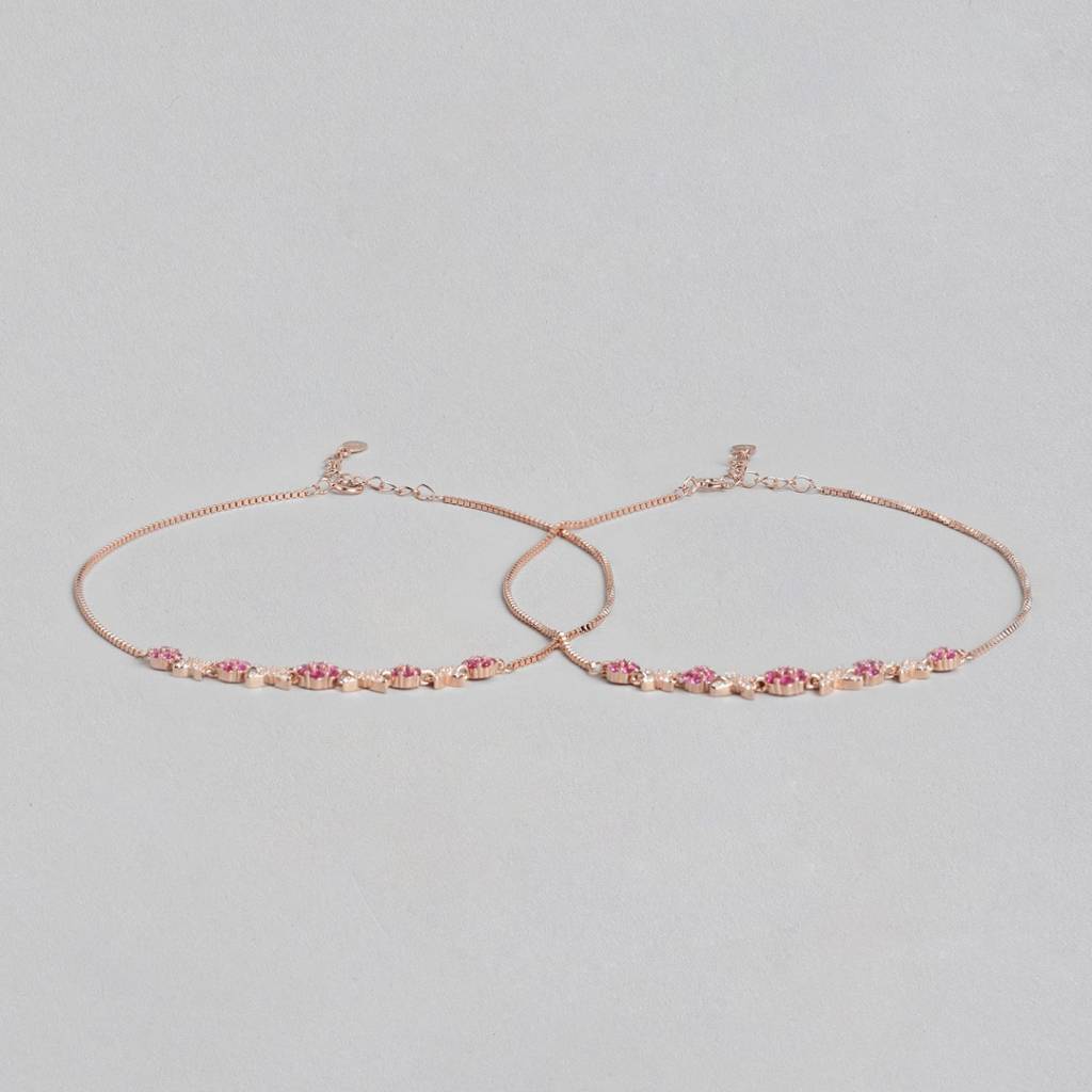 Cz Rose Gold Plated 925 Sterling Silver Chain Anklet Pair : ANK-60314-PAIR-RG