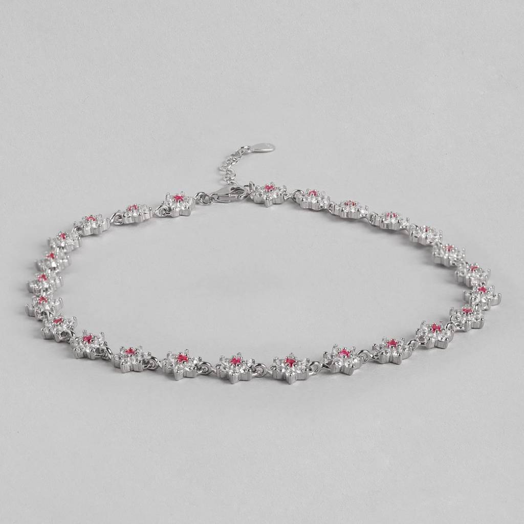 925 Pure Silver Rhodium Plated Cz Floral Chain Anklet : ANK-60331-ONE-R