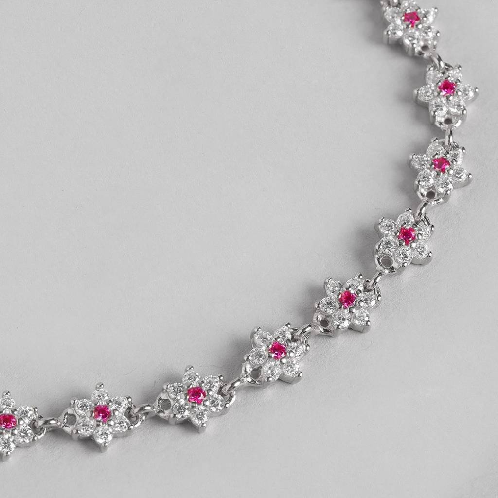 925 Pure Silver Rhodium Plated Cz Floral Chain Anklet : ANK-60331-ONE-R