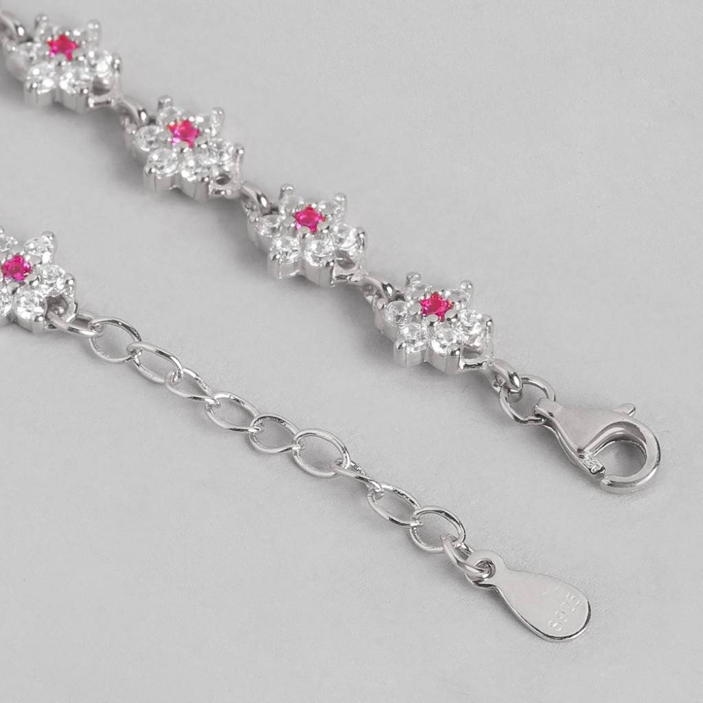 925 Pure Silver Rhodium Plated Cz Floral Chain Anklet : ANK-60331-ONE-R