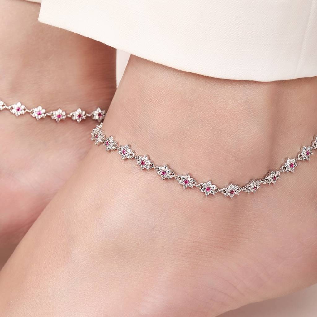 925 Pure Silver Rhodium Plated Cz Floral Chain Anklet : ANK-60331-PAIR-R