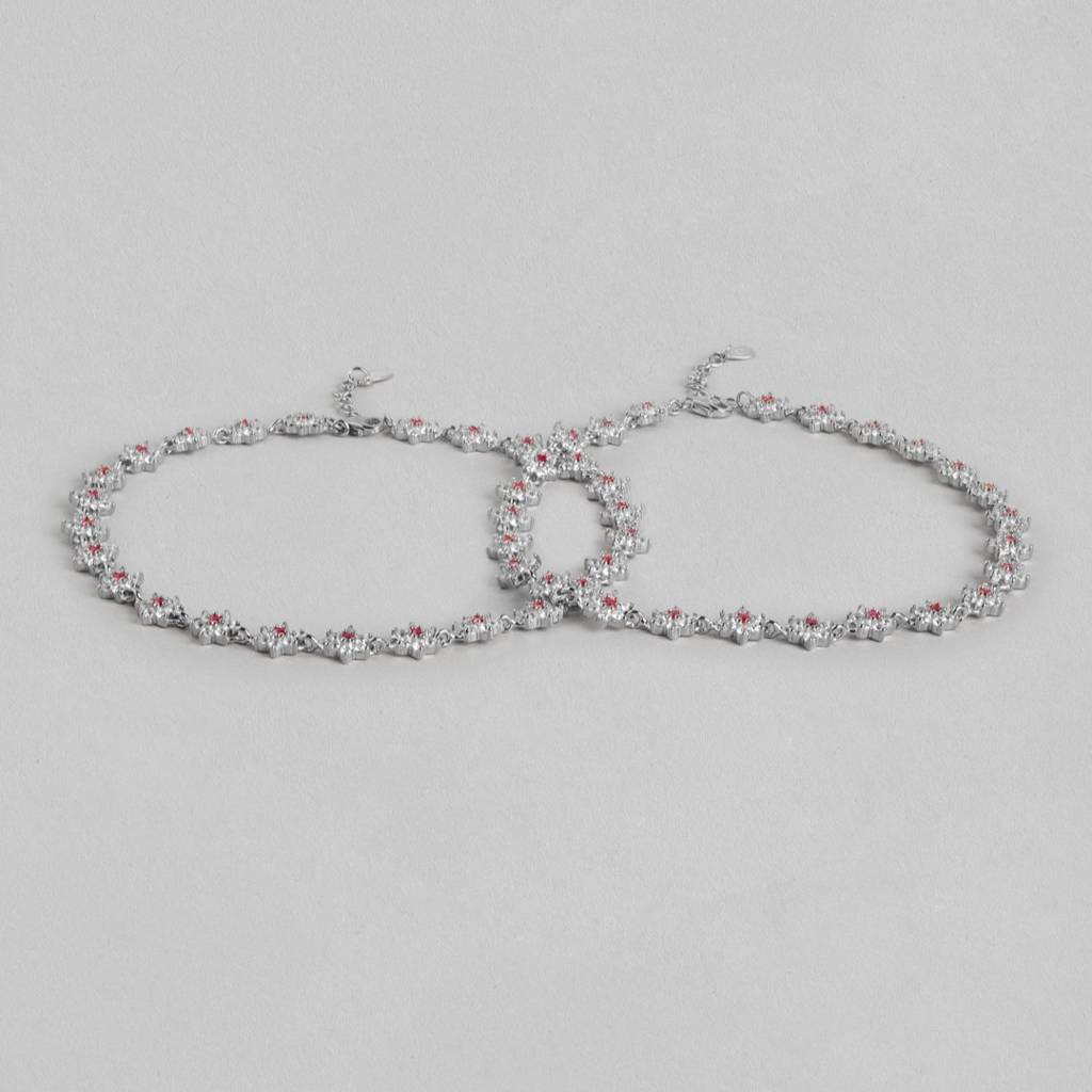 925 Pure Silver Rhodium Plated Cz Floral Chain Anklet : ANK-60331-PAIR-R