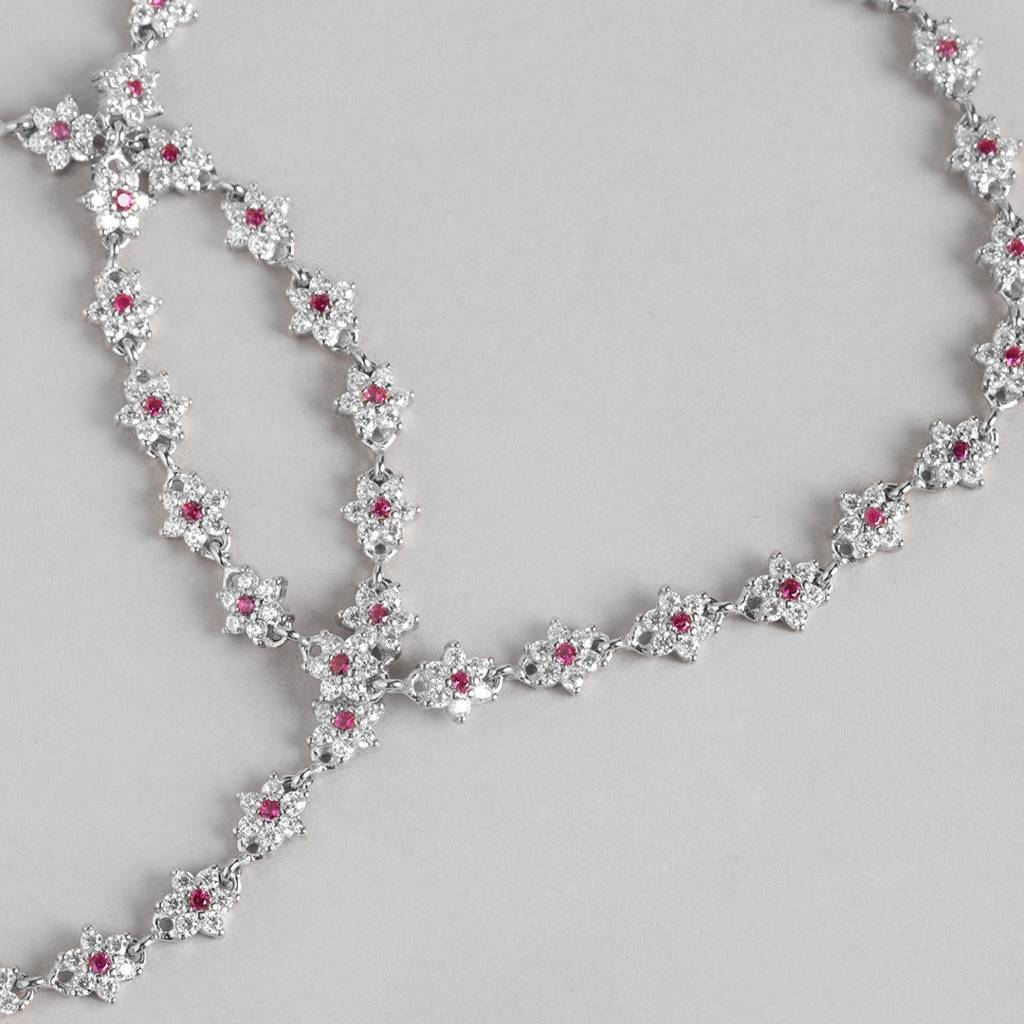 925 Pure Silver Rhodium Plated Cz Floral Chain Anklet : ANK-60331-PAIR-R