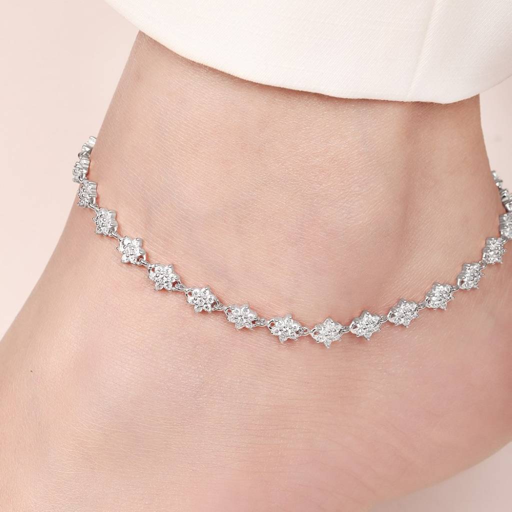 Floral Cz Rhodium Plated 925 Sterling Silver Chain Anklet : ANK-60353-PAIR-R