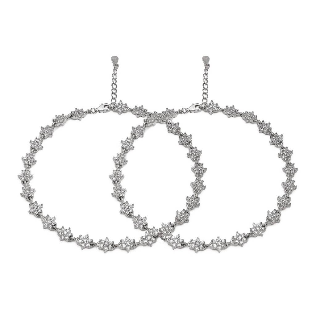 Floral Cz Rhodium Plated 925 Sterling Silver Chain Anklet : ANK-60353-PAIR-R